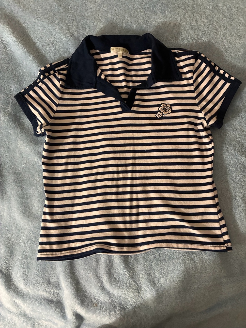 Striped Navy and light pink Polo Tee with Floral Accent
